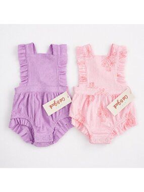 Cat & Jack Baby Girl Ribbed Ruffle Romper Bundle NB NWT Floral Purple
